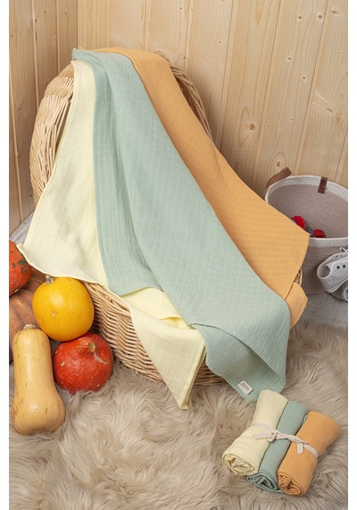 3'lü Çok Amaçlı Müslin Bez, Örtü, Battaniye Seti Unisex Renkli %100 Pamuk - 75x75 Cm