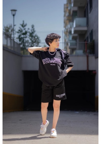 Welness T-shirt Şort - Siyah Alt Üst Kombin Şort Tişört Takım Baskılı Oversize Bisiklet Yaka Siyah