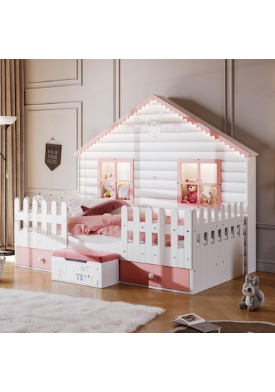 Meltem Kids Küçük Ev Çocuk Odası Montessori Karyola Pembe 100 x 200 CM Pembe