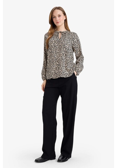 Defacto Regular Fit Bisiklet Yaka Leopar Desenli Uzun Kollu Bluz N1809az26sper103 Ekru-er103