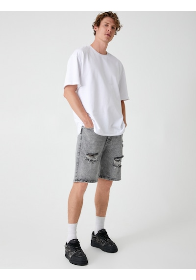 Koton Oversize Kot Şort Bermuda Cepli Yıpratma Detaylı Gri 4sam40045ıd Gri