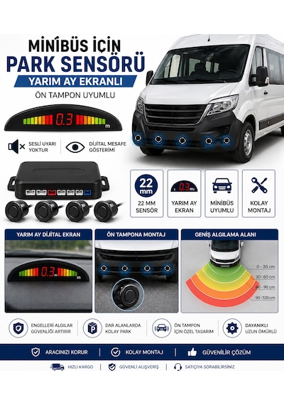 Mega Oto Market Minibüs Uyumlu 22mm Park Sensörü Yarım Ay Dijital Ekranlı Ses İkazlı Mesafe Göstergeli Sistem
