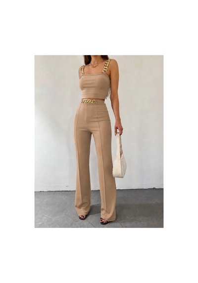 Butik İstanbul Kadın Zincir Askılı Krop Ithal Krep Bluz Ve Pantolon Ikili Takım Sütlü Kahve