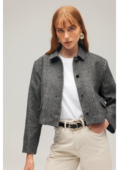 Sââde Kadın Modern Fit Uzun Kollu Düğmeli Dokuma Ceket Antrasit