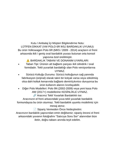 Volkswagen Vw Polo 6r Mk5 2009 2010 2011 2012 2013 2014 Ikili Bardaklik Uyumlu Araca Ozel Kolcak Kol Dayama Orta Konsol Siyah