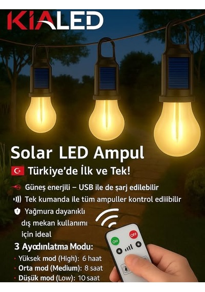 Kialed Solar Güneş Enerjili Zaman Ayarlı Type-c Şarjlı Kumandalı Çadır Lambası Çok Renkli