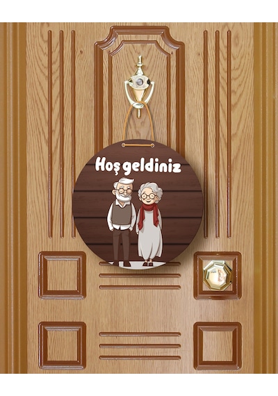 Hoşgeldiniz" Yazılı Mdf Kapı Süsü 22.5 Cm Sevimli Yaşlı Çift Temalı Halat Askılı Giriş Dekoru Kahverengi