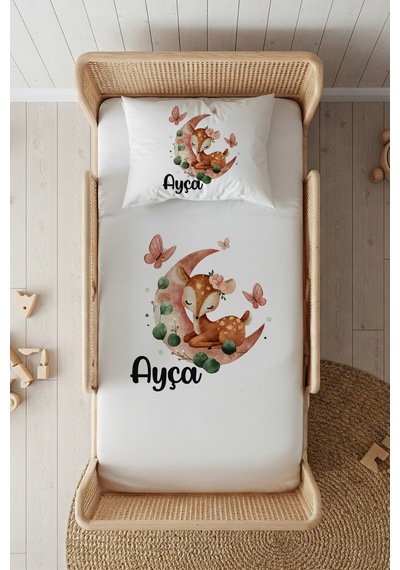 %100 Pamuk Saten İsme Özel İsimli 100x200 Tek Kişilik Lastikli Çarşaf Seti Ceylan Beyaz