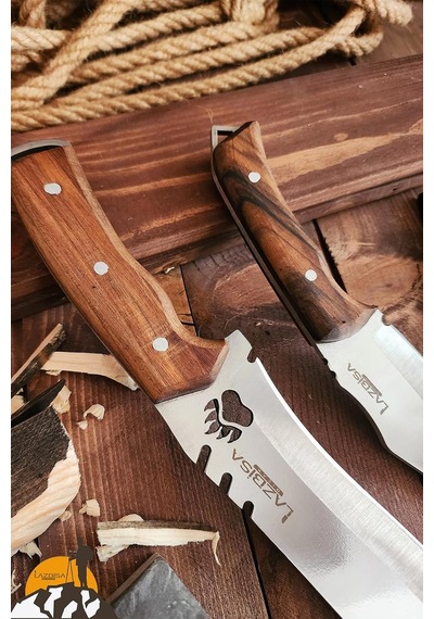 Outdoor Piknik Bıçak 2 Li Set Kamp Bıçağı Çakısı Şef Bıçağı Kılıflı El Yapımı Ceviz Ağacı Sap Diğer