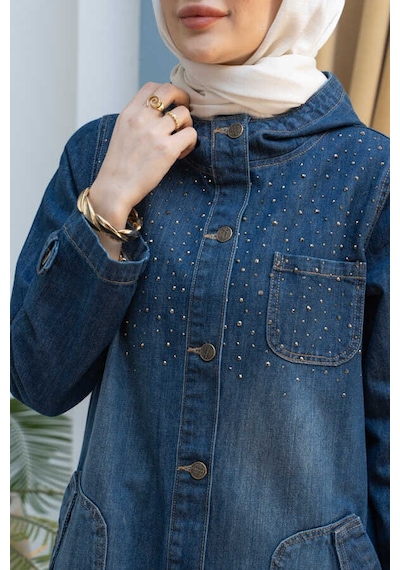 6329-taşlı Denim Kapşonlu Kap Koyu Mavi Koyu Mavi