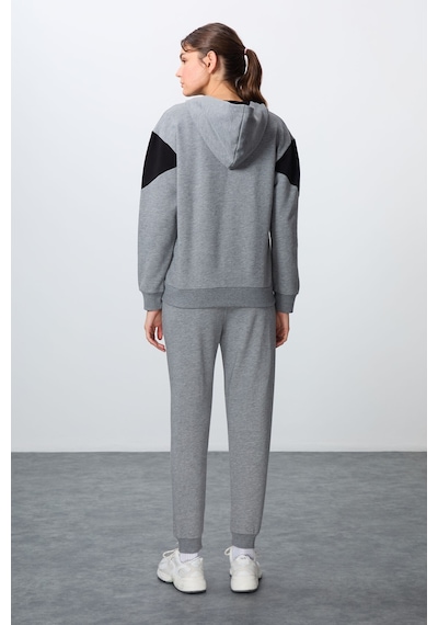 Tommy Life Gri Melanj Kompakt Pamuklu Kalın Pürüzsüz Dokulu Kapüşonlu Oversize Fit Kadın Eşofman Takım - 95343 GRİ MELANJ