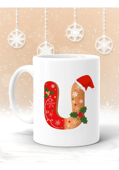 U Harf Baskılı Yılbaşına Özel Kupa Bardak - Yılbaşı Kupa - Noel Hediye - Yılbaşı Hediyesi Beyaz
