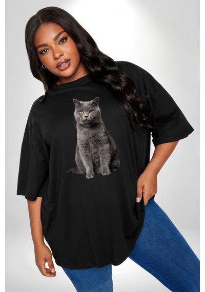 Angemiel British Shorthair Kedi Siyah Büyük Beden Erkek Kadın Unisex Basic Ön Baskılı Tişört Siyah