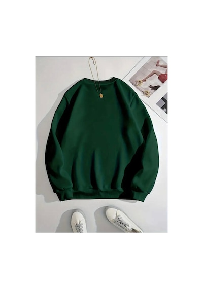 Herkesemoda Blessed Baskılıı Bisiklet Yaka İçi Polarlı Sweatshirt Yeşil