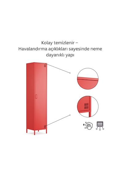 Pera Metal Elbise Dolabı, Soyunma Dolabı, Tek Kapılı, 41,50 X 40 X 189,50 Cm Ral 3020 Kırmızı