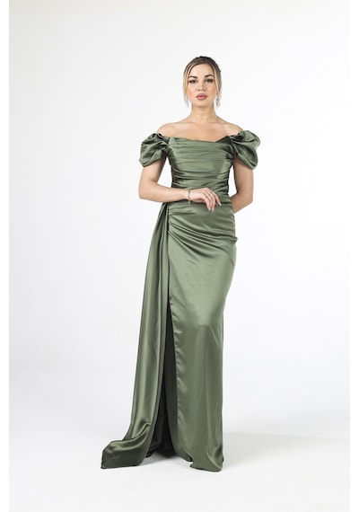 Feminist Haki Drape Detaylı Saten Kumaş Abiye Elbise 9704858.23 Haki