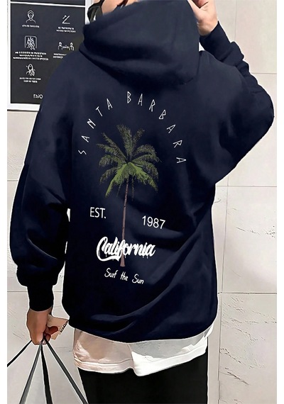California Baskılı Oversize Sweatshirt Lacivert