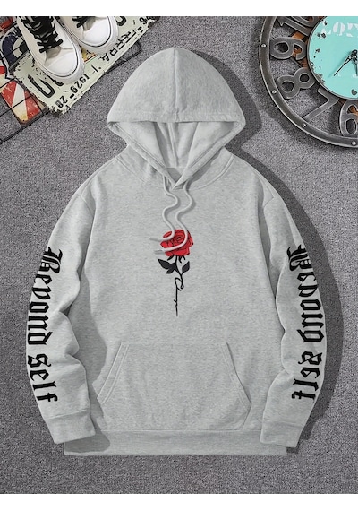 Startmore Tarzsokak Gül Sanatsal Mektup Baskılı Kapüşonlular Rahat Sokak Kadın Tişörtü Rahat Polar Kazak Crewneck Gri