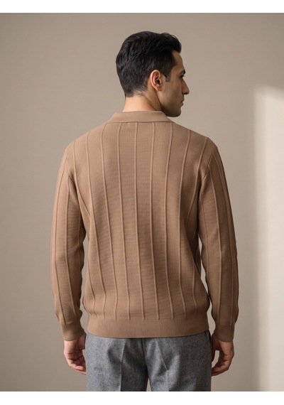 Maccali Erkek Taba Waffle Dokulu Fermuarlı Polo Yaka Triko Kazak