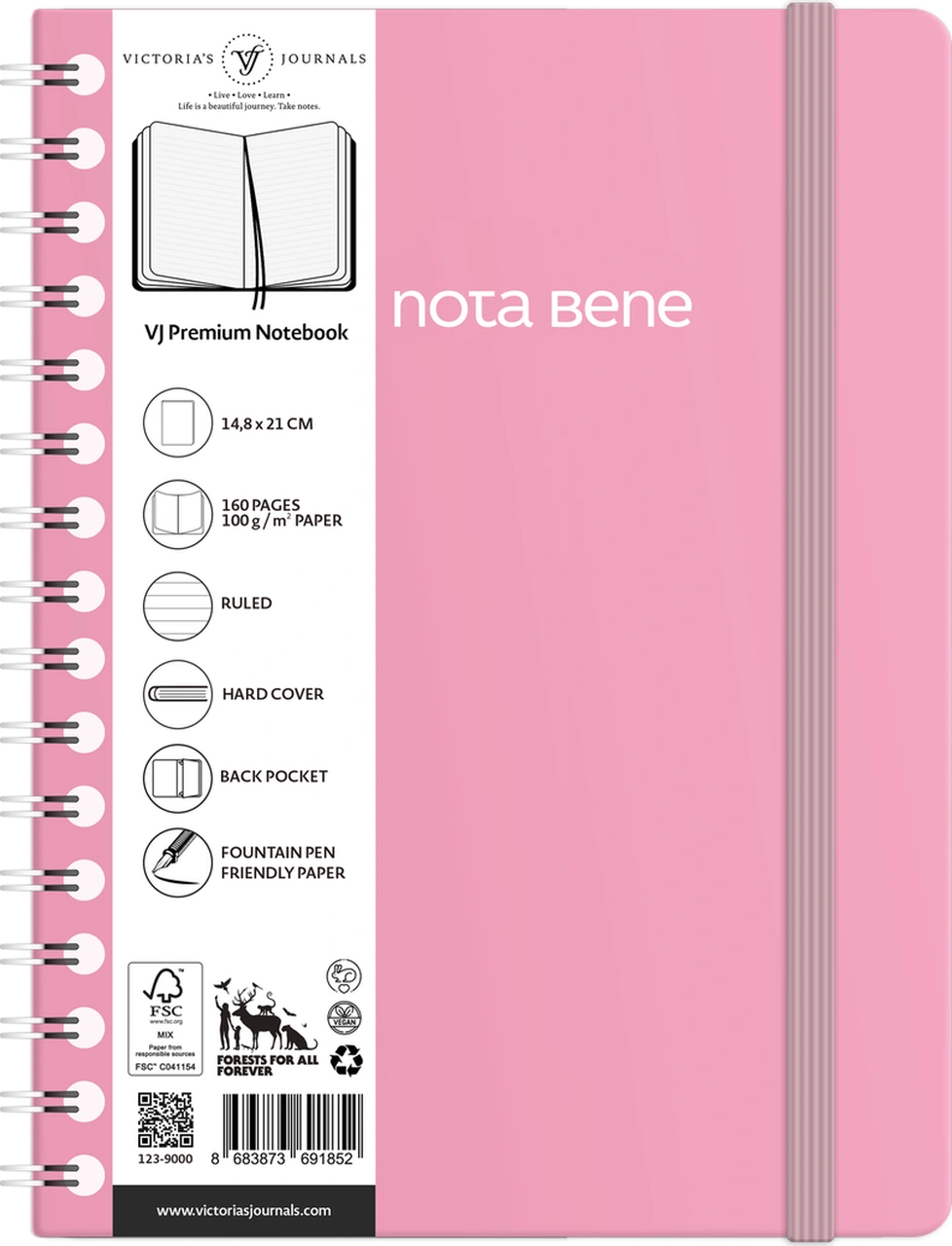Nota Bene Spiralli Premium Sert Kapak Defter, 14.8x21 Cm, Çizgili Pembe