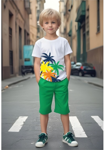 Fyk Kids Erkek Çocuk Palmiye Ağaç Baskılı Alt-üst Takım Yeşil