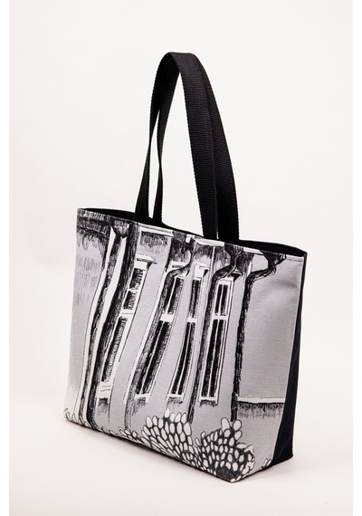 Fabric Craft Bag Omuz Çanta Keten Kumaş Siyah Beyaz Mimari Desen Siyah - Gri