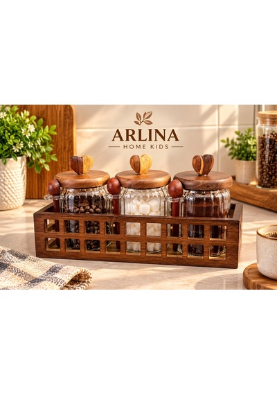 3 Lü 570 Ml Cam Kavanoz & Ahşap Stand Seti Şeffat Cam - Akasya Ahşap Kapak