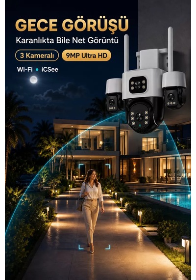 İcsee 9001 9mp 3 Lens Wifi Güvenlik Kamerası, Motorlu Gece Görüşlü Dış Mekan Kamera, 32gb Kart Ve Adaptör