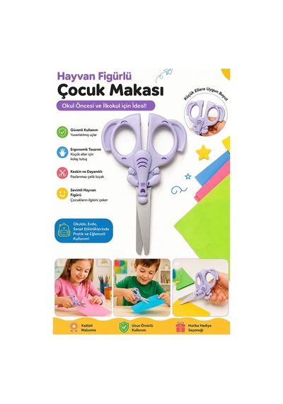 Hayvan Figürlü Makas 1 Adet Bubu Küt Uç Korumalı Okul Makası Çocuk Kağıt Makası Okul Öncesi Kreş Ana Sınıfı