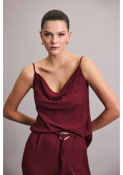 Sateen Degaje Yaka Dökümlü Bluz - Mürdüm-136691 Mürdüm