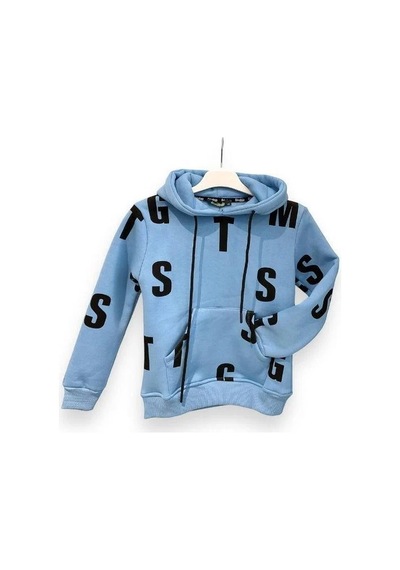 Ekkokids Çocuk Harf Baskılı Şardonlu Kapuşonlu Sweatshirt-15195 Mavi