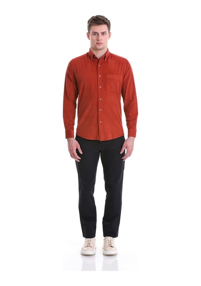 Hatemoğlu Kiremit Slim Fit Düz 100% Pamuklu Düğmeli Yaka Uzun Kollu Klasik Kiremit