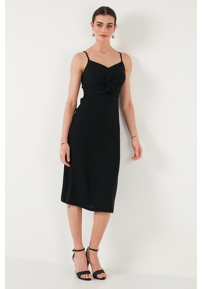 Lela Büzgü Detaylı Regular Fit V Yaka Midi Boy Bayan Elbise 6788886 Siyah