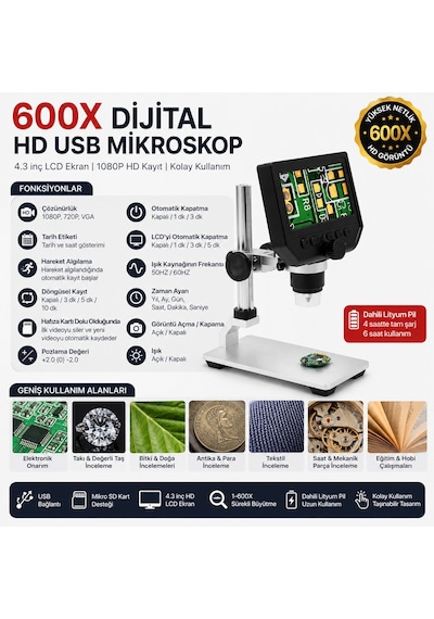 600x Dijital 4.3 İnç Lcd Ekranlı Hd Usb Mikroskop Elektronik, Takı Ve Eğitim İçin