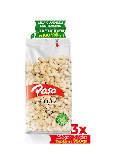 Paşa Kuruyemiş Çiğ Kaju Fıstığı Şeffaf Paket 3 x 250 G