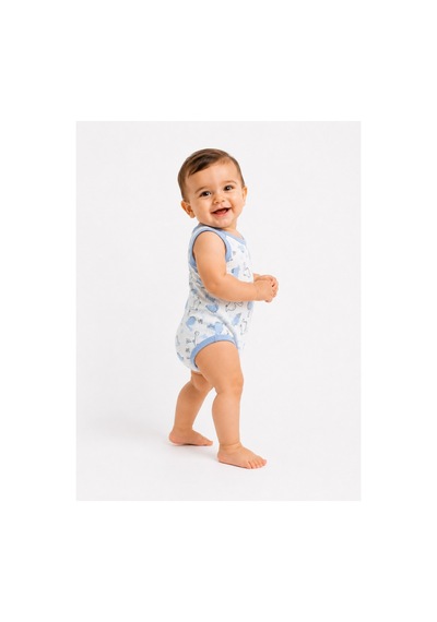 Rkek Bebek Dinozor Desenli Atlet Body Yazlık Pamuklu Çıtçıtlı Bebek Zıbını Mavi