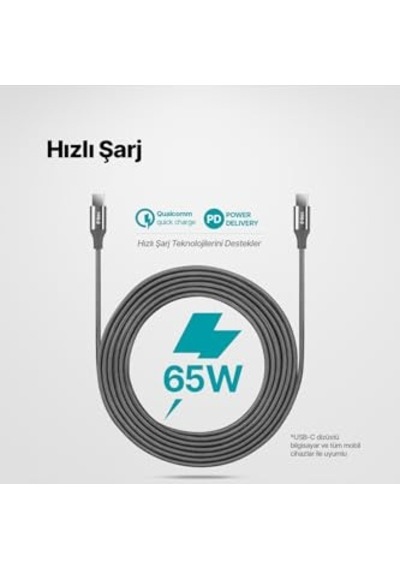 Usb-c 300cm 60w Pd Qc Hızlı Şarj Data Kablosu Uzay Grisi Diğer