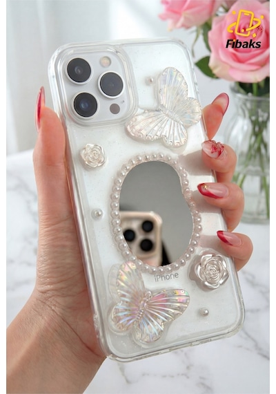 Fibaks iPhone 11 Pro Max Uyumlu Kılıf 3d Kelebek Gül Desenli Aynalı Simli Şeffaf Tasarımlı Silikon Kapak