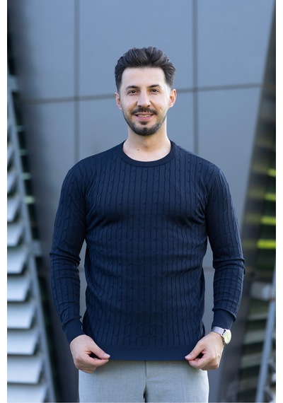 Hk Premium Triko Kazak Fitilli Slim Fit Bisiklet Yaka Likralı Kışlık Sweatshirt Lacivert Hk Premium Triko Kazak Fitilli Slim Fit Bisiklet Yaka Likralı Kışlık Sweatshirt Lacivert