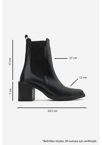 Luvi Shoes Huxley Siyah Cilt Lastikli Sivri Burunlu Kalın Topuklu Kadın Bot