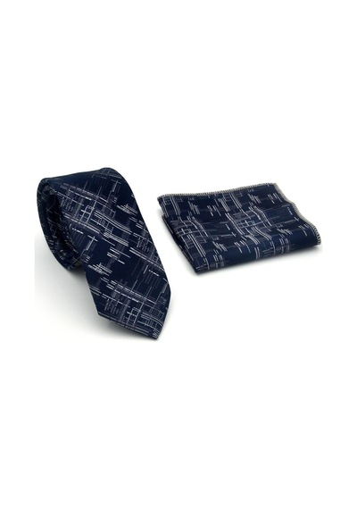 Gaffy Gri Kırcıl Desenli Lacivert Dokuma Kumaş Mendilli Slim Fit Kravat // Sdk-2611-2 Lacivert
