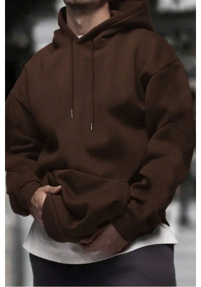 Tarz Cool Regular Kapüşonlu Sweatshirt Erkek Unisex 3 İplik Şardonlu %100 Pamuk Basic Hoodie Kahverengi