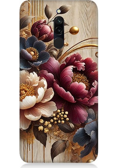 Xiaomi Redmi 8 Uyumlu Ahşap Üzerinde Gölge Çiçekler Desenli Silikon Kılıf Çok Renkli