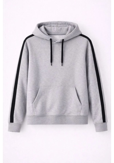 Mbb E-ticaret Erkek Şeritli Kapüşonlu Sweatshirt Oversize 3 İplik Pamuklu Hoodie - Gri