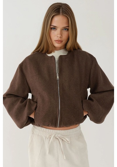 Hiccup Fermuarlı Oversize Kaşe Bomber Ceket Koyu Mocha Kahve