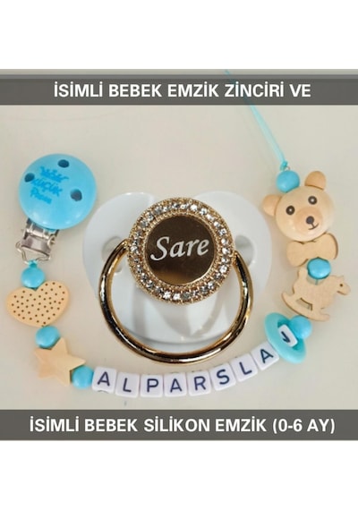 Sahi Aksesuar İsimli Bebek Emzik Zinciri ve Bebek Silikon Emzik BEZYI229 Mavi