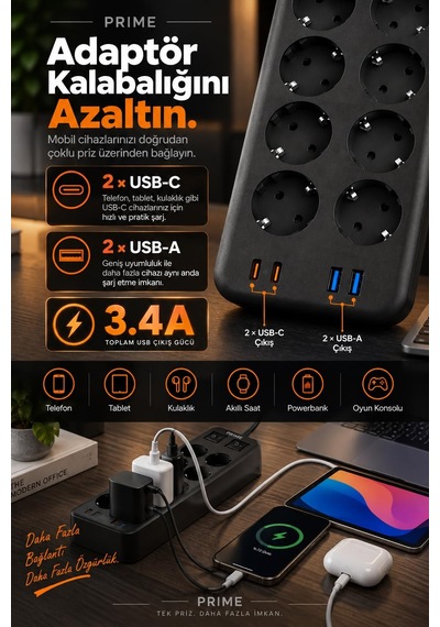 Robeve Fulltech Prıme 10 Lu Akım Korumalı Priz 3680w