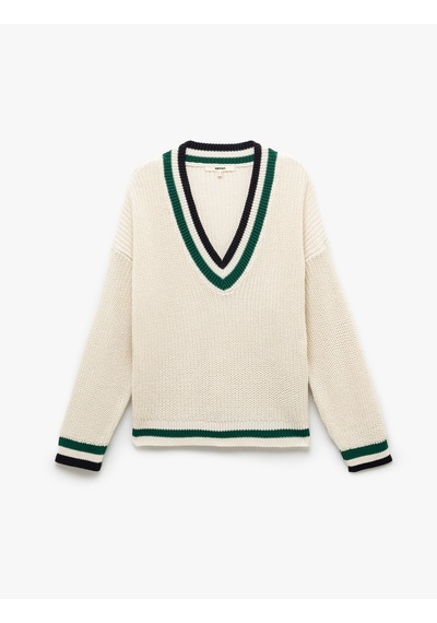 Koton Uzun Kollu V Yaka Çizgili Triko Oversize Kazak Ekru 5sak90043ht Ekru