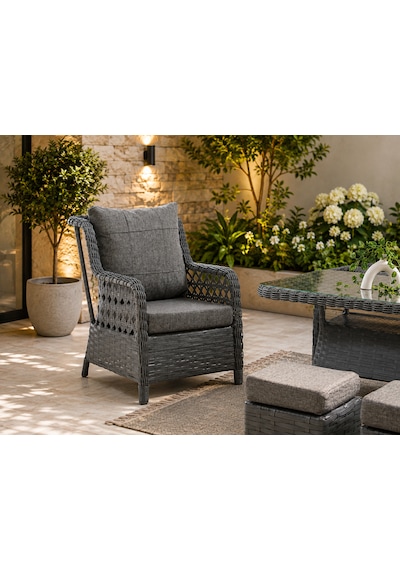 Vi Lza 7 Kişilik Rattan Bahçe Balkon Teras Oturma Grubu Gri Minderli 3+1+1 80x140 Cm Masa, 2 Adet Puf - Antrasit