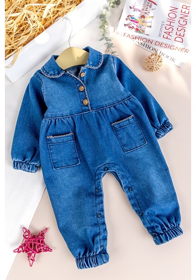 Babymod Bebe Yaka Denim Cep Detaylı Kız Bebek Kot Tulum mavi